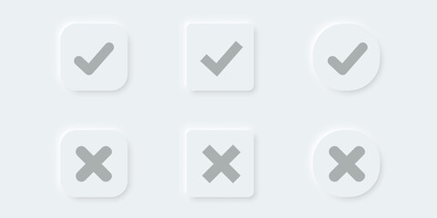 Check mark vector button in modern neumorphic design. Checkmark icon 3d three-dimensional. yes no buttons. vote and choise illustration. isolated button set on white background
