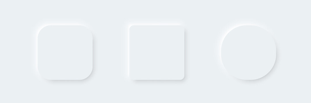 3D vector buttons neumorphic design. Geometric shapes: circle, square, .rectangle on white background with light shadows. Web elements geometry modern trend tree-dimensional design.