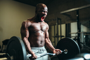 Fototapeta na wymiar Emotional muscular african american man straining muscles, Bodybuilder screams and lifting a heavy barbell