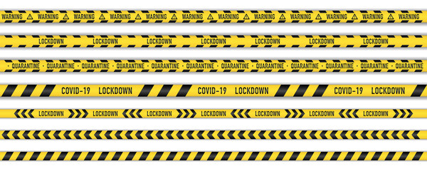 warning tape vector. lockdown quarantine coronavirus. caution line. covid danger stripe. novel covid outbreak on white background.
