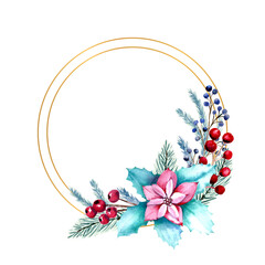 Winter watercolor frame with berries, poinsettia flowers, fir branches. Hand-drawn Christmas illustration. For invitations, greeting cards, prints, posters, advertising