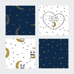 Set of seamless patterns with heart and cute pandas on the moon. White and dark blue backgrounds for gift wrap, textile or book covers, wallpapers and scrapbook. Vector.