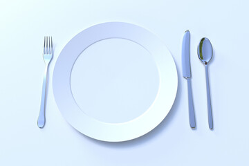 Empty porcelein plate ready to serve with fork, knife, and spoon on a table. 