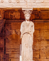 Caryatid statue closeup on original Erechtheion ancient temple, Athens Greece