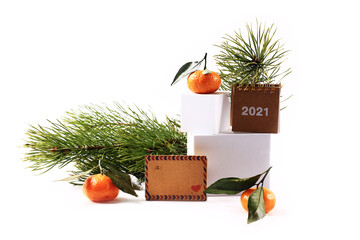 New Year's layout. boxes with gifts. tangerines. postcard for congratulations.