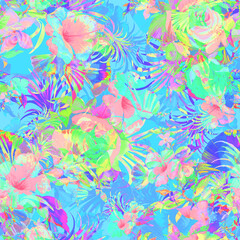 Seamless floral pattern lovely flowers drawn by paints on paper