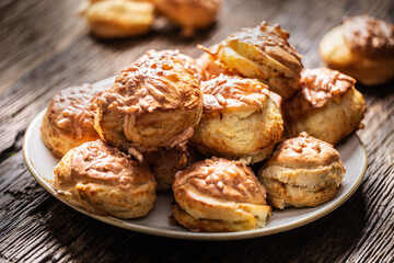 Slovak and Hungarian pagace or pagacsa buns freshly baked and served on a plate