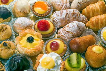 Various pastries, Italian specialties, with cream, fruit, chocolate, etc.
