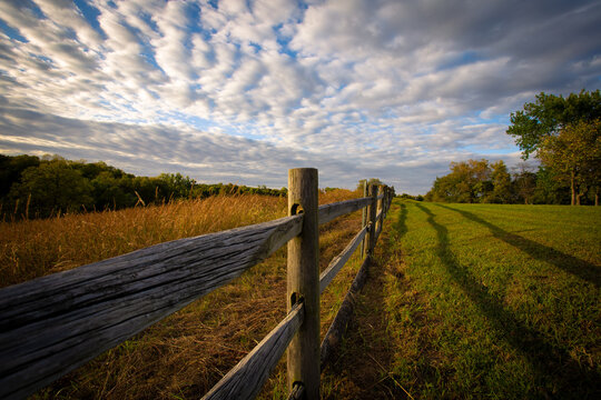 fence in the field with shadows at sunset © sjredwin1