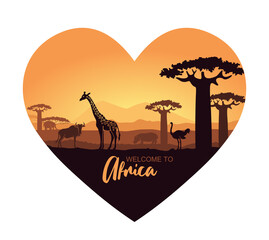 Stylized heart-shaped African landscape with wild animals. Vector Illustration