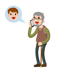 Grandfather call grandson on phone. Talk old Senior man and boy. Cartoon flat illustration. Communication generations. Family and friendship. Cane and glasses. Lifestyle and pastime of elder pensioner
