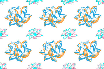 Fototapeta na wymiar Botanical seamless pattern, lotus flowers and leaves on light brown background