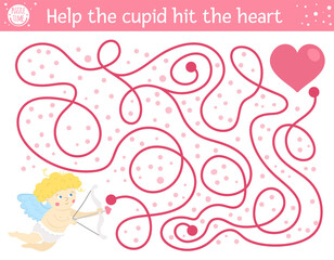 Saint Valentine day maze for children. Holiday preschool printable educational activity. Funny game with cute boy. Romantic puzzle with love theme. Help the cupid hit the heart .