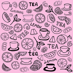 Vector drawing of lemons, lemon slices and mugs with tea on a pink background. The drawing is made in a doodle style.