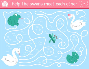 Saint Valentine day maze for children. Holiday preschool printable educational activity. Funny game with birds. Romantic puzzle with love theme. Help the swans meet each other .