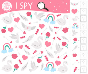 Saint Valentine day I spy game for kids. Searching and counting activity for preschool children with traditional holiday objects. Funny party printable worksheet with love theme. Spotting puzzle..