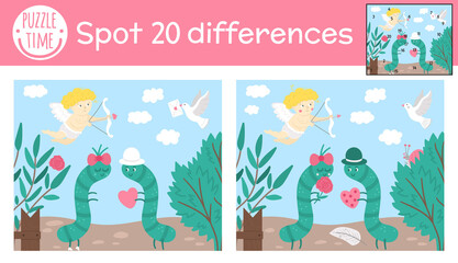 Saint Valentine day find differences game for children. Holiday educational activity with caterpillars in the garden. Printable worksheet with cute characters. Puzzle for kids with love theme.
