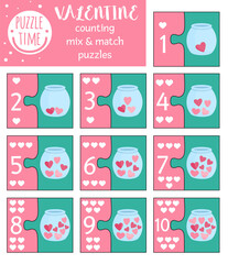 Vector Saint Valentine day mix and match puzzle with traditional holiday symbols. Matching math activity for preschool children. Educational printable counting game for kids with hearts in jar.