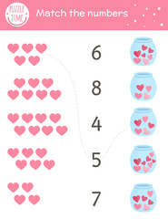 Saint Valentine day matching game with hearts in jar. Holiday math activity for preschool children. Educational love themed printable counting worksheet with cute funny elements for kids.