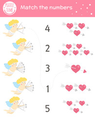 Saint Valentine day matching game with cupid and hearts. Holiday math activity for preschool children. Educational love themed printable counting worksheet with cute funny elements for kids.