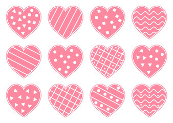 Vector set of cute decorated hearts. Saint Valentine’s day symbols collection. Playful February holiday love icons isolated on white background.