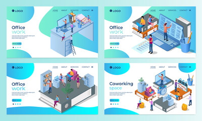 Fototapeta na wymiar A set of landing page templates.Office work.Templates for use in mobile app development.Flat vector illustration.