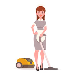Smiling maid character with vacuum. Vector illustration