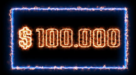 "$100.000" - sign. Sign in neon style. Abstract animation glowing neon blue light. 4K