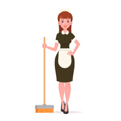Smiling maid character wearing uniform with mop. Vector illustration