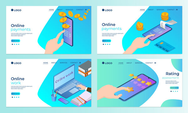 A set of landing page templates.Online payments, Online work, rating.Templates for use in mobile app development.Flat vector illustration.