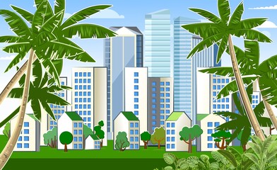 Southern City. Cityscape with palms and sky. View from the jungle. High-rise buildings, skyscrapers and high-rise buildings. Green park area. Flat style. Suburb. Vector © WebPAINTER-Std