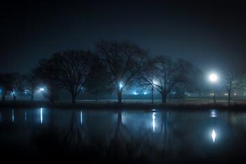 Foggy night with lights on a lake in the dark