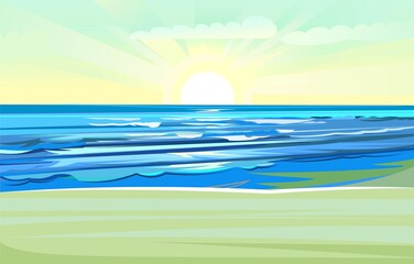 Fototapeta na wymiar Sea coastal landscape. Flat style illustration. Sandy beach in the ocean, summer sky and distant horizon. Vector