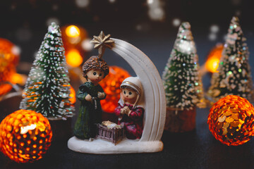 Christmas Szene in Bethlehem - with light and Snowflakes - mit Lichtern und Schneefall