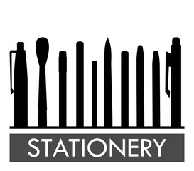 Stationery silhouette. Logo. Background for advertising a store, company. illustration. Isolated on a white background. Pencils, pens, felt-tip pens, brushes. Vector