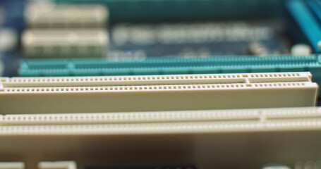 CPU computer processor macro slider shot, shallow focus. the dolly video of the CPU socket of the computer's motherboard. the concept of computer, motherboard, hardware and technology