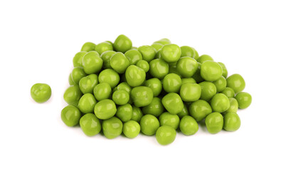 Canned green peas, isolated on white background. Pickled green peas.