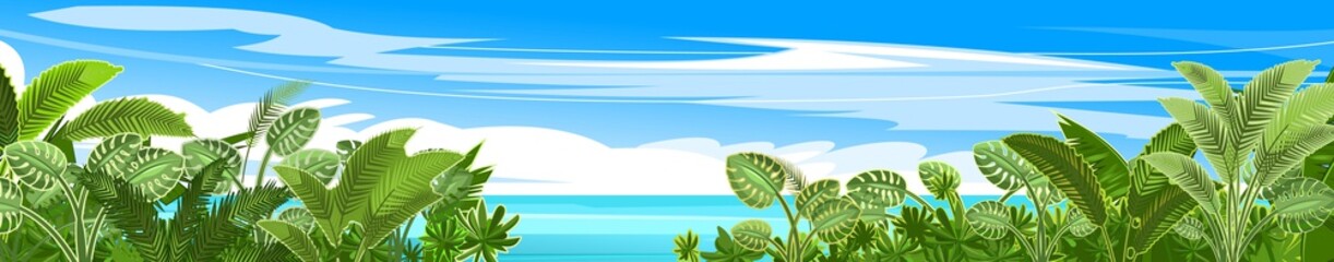 Obraz na płótnie Canvas Tropical landscape with sea and jungle. Plants, shrubs and palms. Sky. Cartoon flat style. Mountains on the horizon. Background illustration. Vector