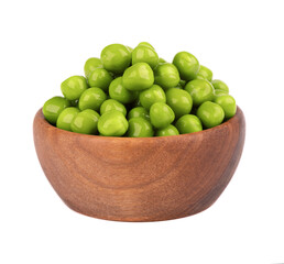 Canned green peas in wooden bowl, isolated on white background. Pickled green peas.