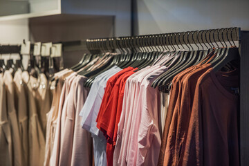 Fototapeta premium Women clothing on hangers in a mall - shopping in mall concept