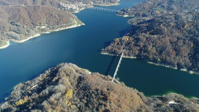 Aerial view of Lake Turano in Rieti, Castel di tora, colle di tora and Ascrea lakeside villages