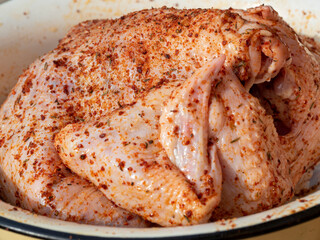 Close-up shot of fresh chicken sprinkled with spices and ready to cook lies in a bowl