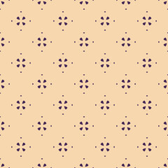 Abstract geometric floral seamless pattern. Simple vector minimalist texture with small flower silhouettes, diamonds. Elegant minimal background in purple and beige color. Repeat vintage design