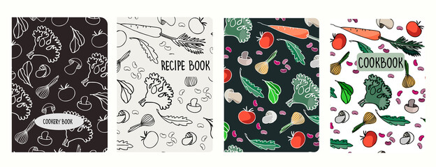 Cover page vector templates for recipe books based on seamless patterns with hand drawn vegetables, mushrooms. Cookery books cover layout. Healthy food, vegan food concept