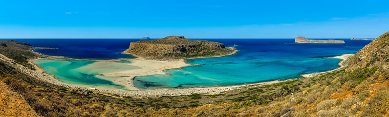 A wide-angle view of Balos Beach and Gramvousa, Crete on a bright sunny day