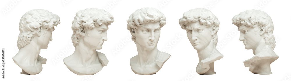 Wall mural 3d rendering illustration of head of michelangelo's david in 5 views isolated on white background.