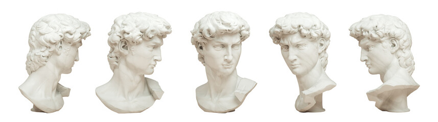 3D rendering illustration of Head of Michelangelo's David in 5 views isolated on white background.