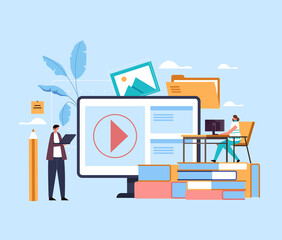 Online web internet education lessons tutorial courses studying concept. Vector flat graphic design illustration