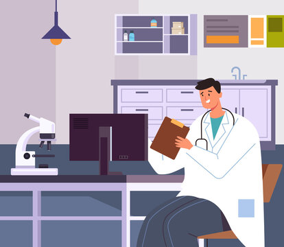 Doctor man character sitting in office workplace and using computer learning test results. Vector flat graphic design illustration