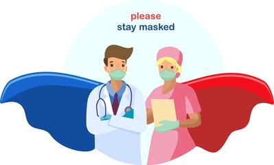 Two superhero doctors in masks, standing in masks and warning people.